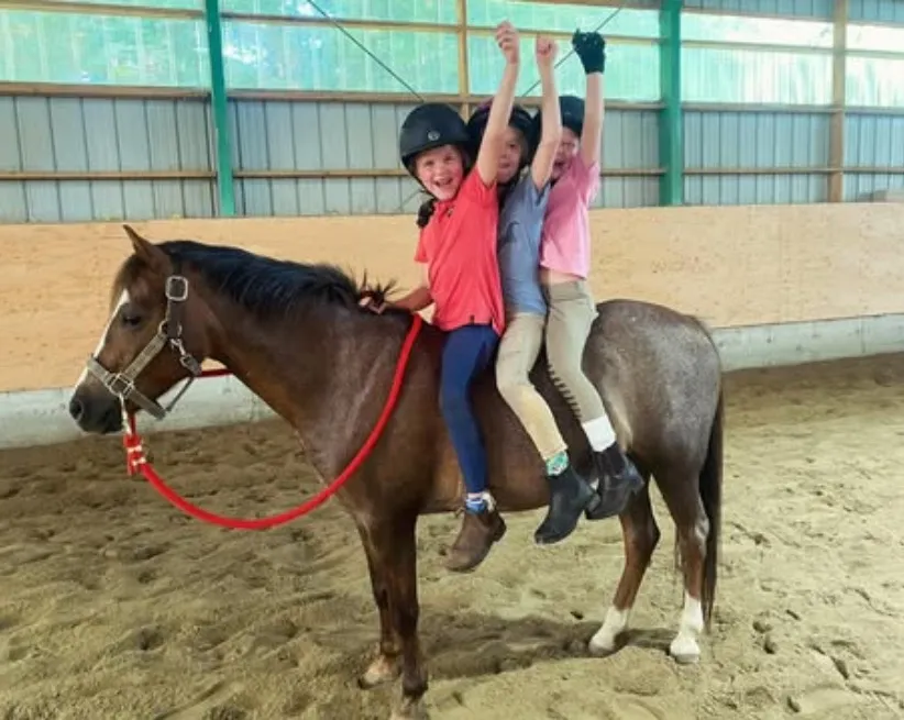 Three campers riding together — arms up!