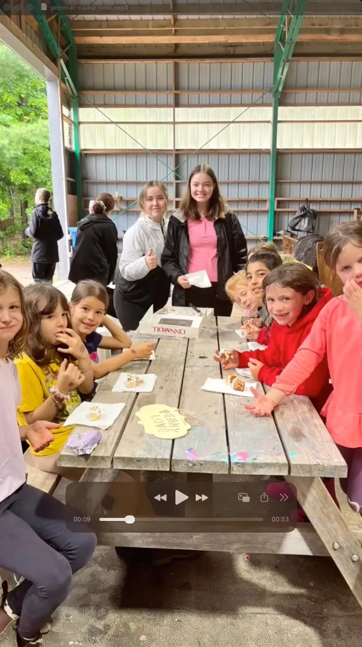 Campers eating lunch together at the picnic table