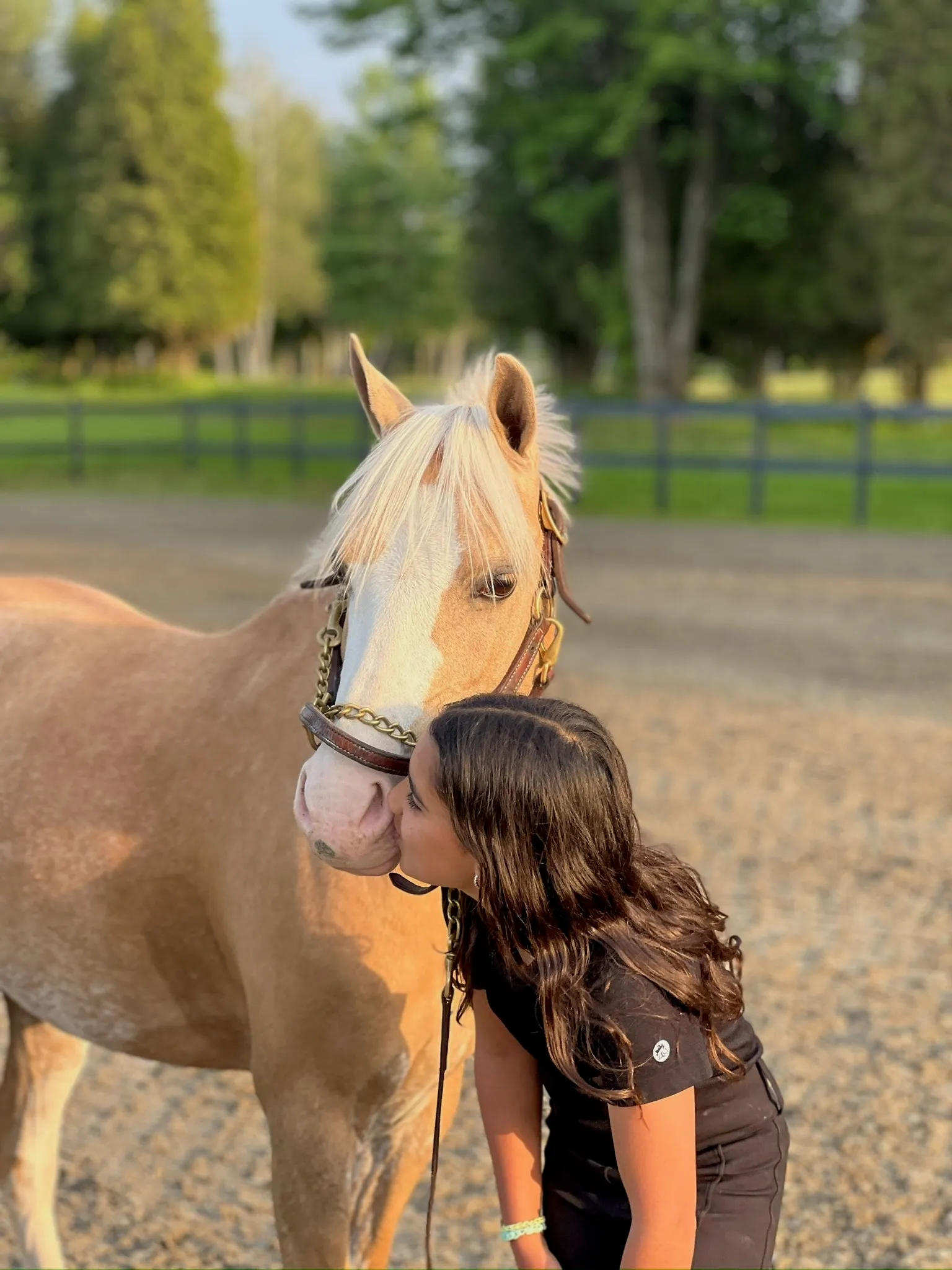 A young athlete shares a quiet moment with a palomino pony at the farm