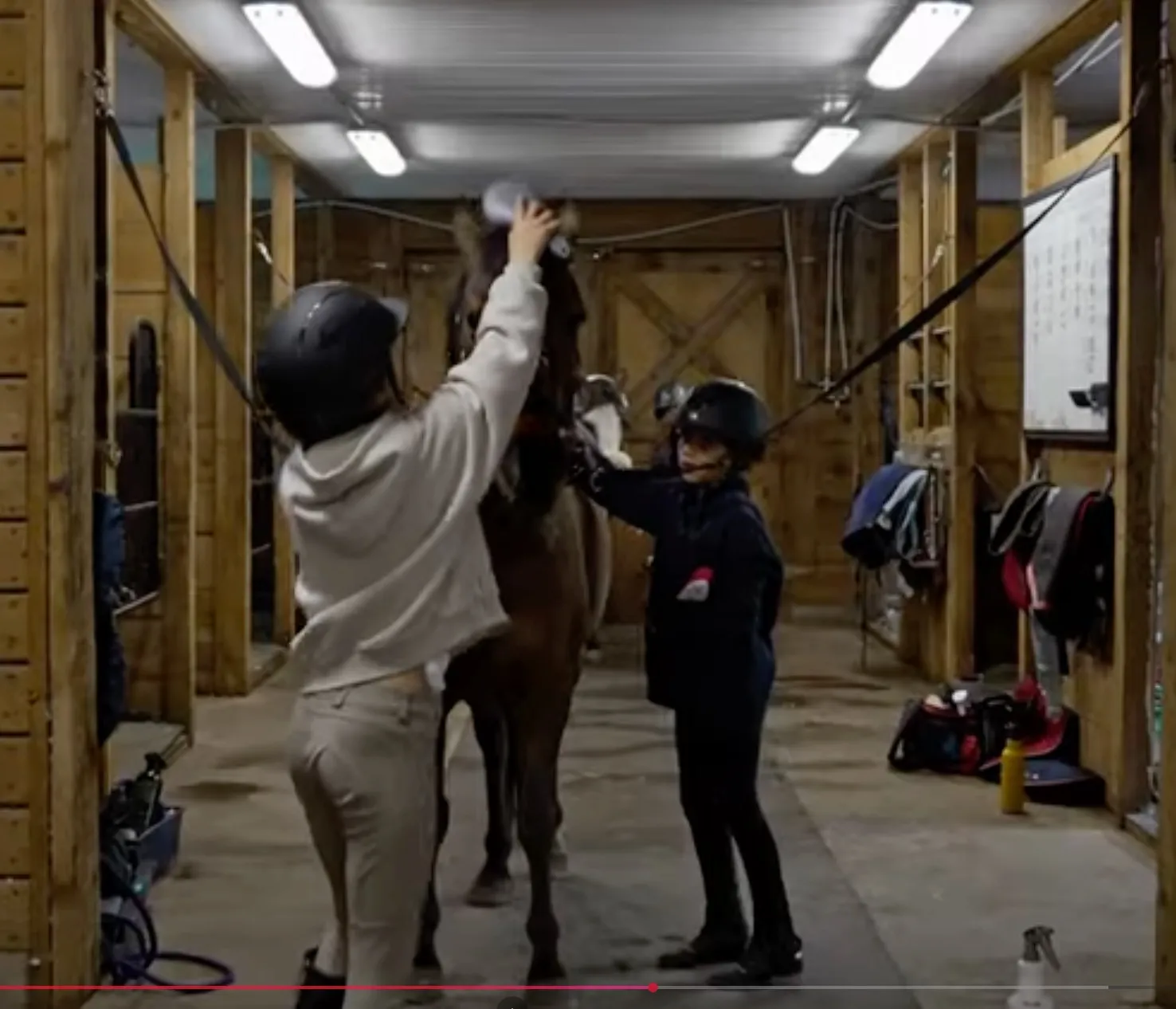 Young athletes caring for a pony in the barn